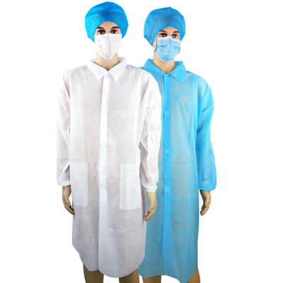 সাদা নীল এসএমএস ডিসপোজেবল ল্যাব কোট M / L / XL OEM